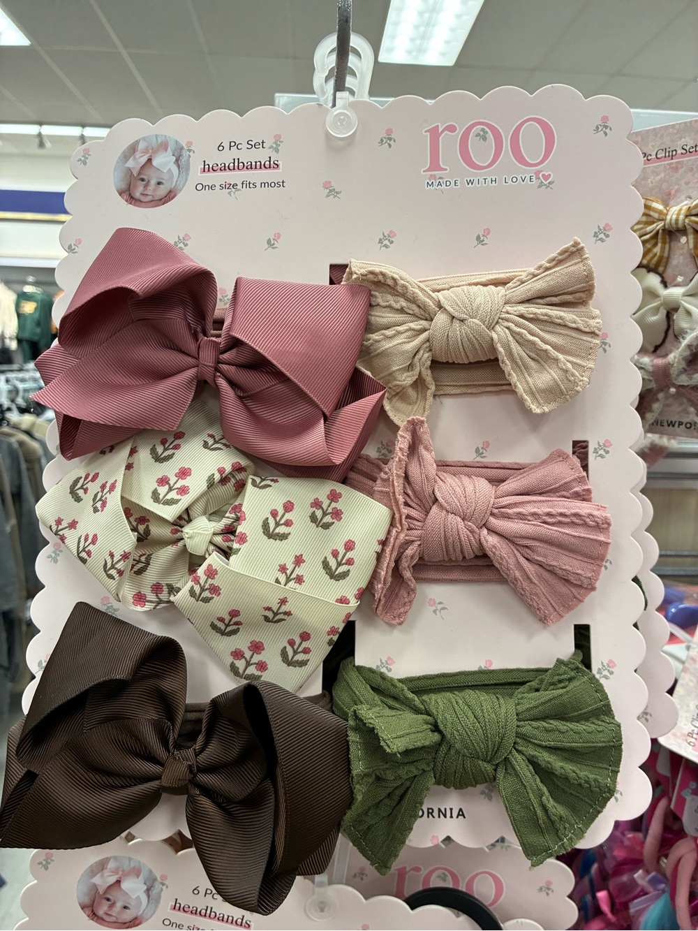 Girls 6‑Piece Bow Headband Set — Pink, Beige, Floral, Brown, Green